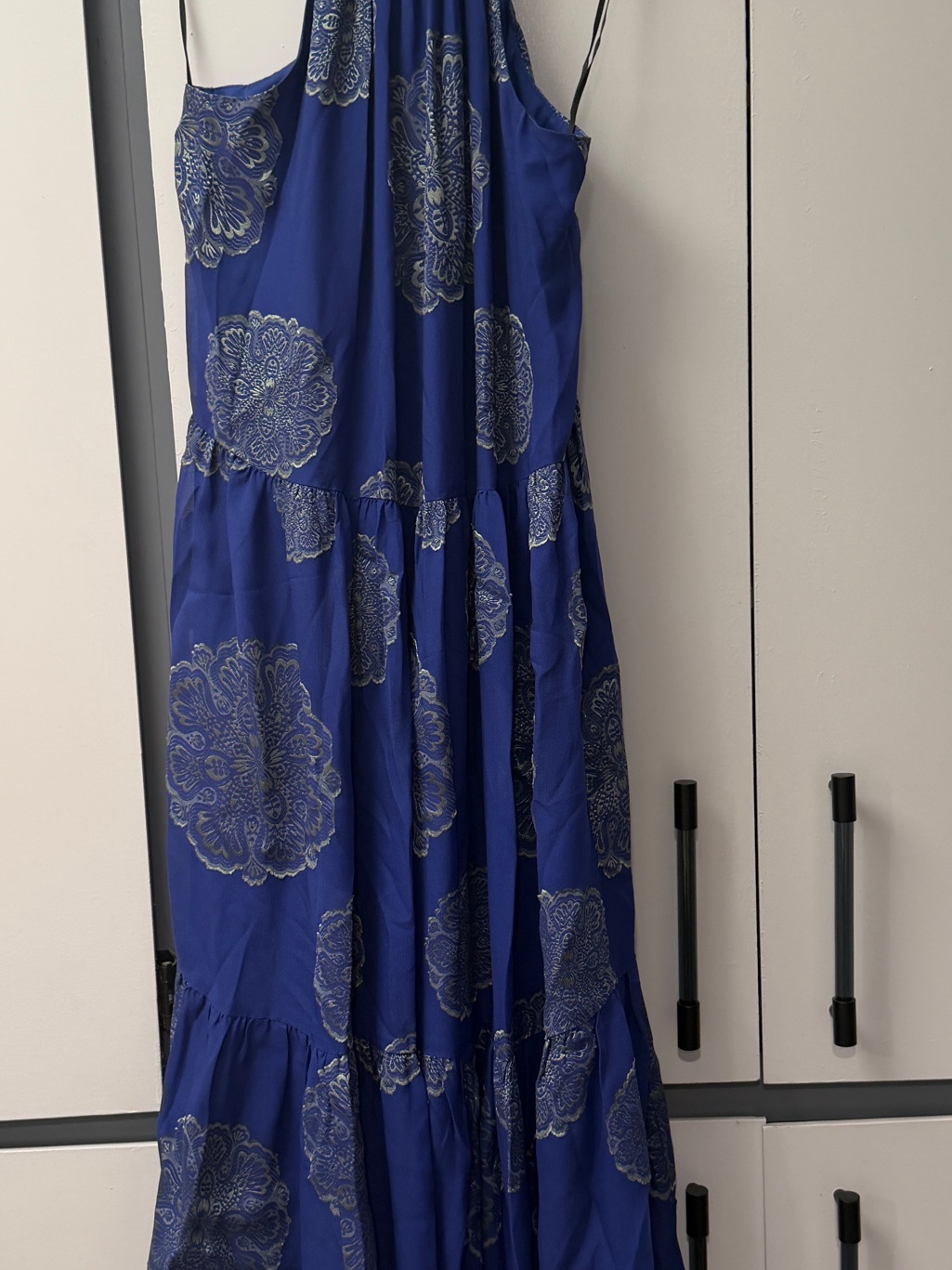 Trina Turk Silk Blend Halter Maxi Dress Blue Metallic Medallion Size Small Nwt